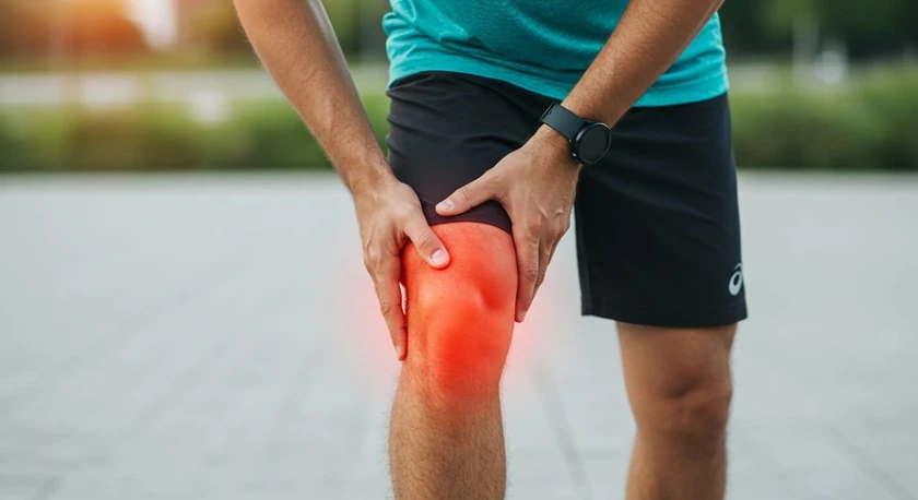 Man holding his knee with the painful area highlighted, a sign of an ACL injury