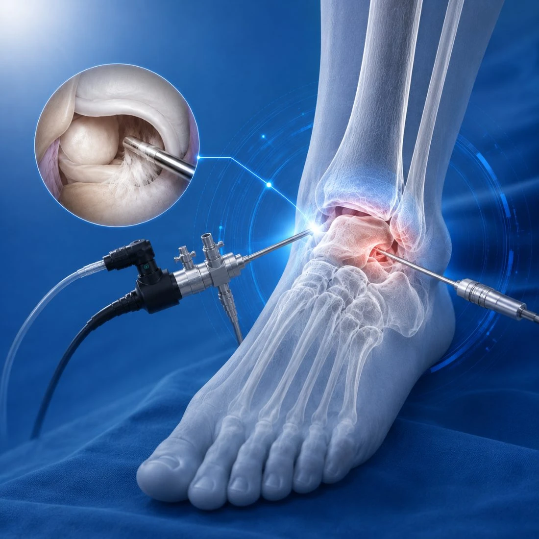 Illustration of an arthroscope and a surgical instrument entering the ankle joint, with an inset camera view of the inside of the joint