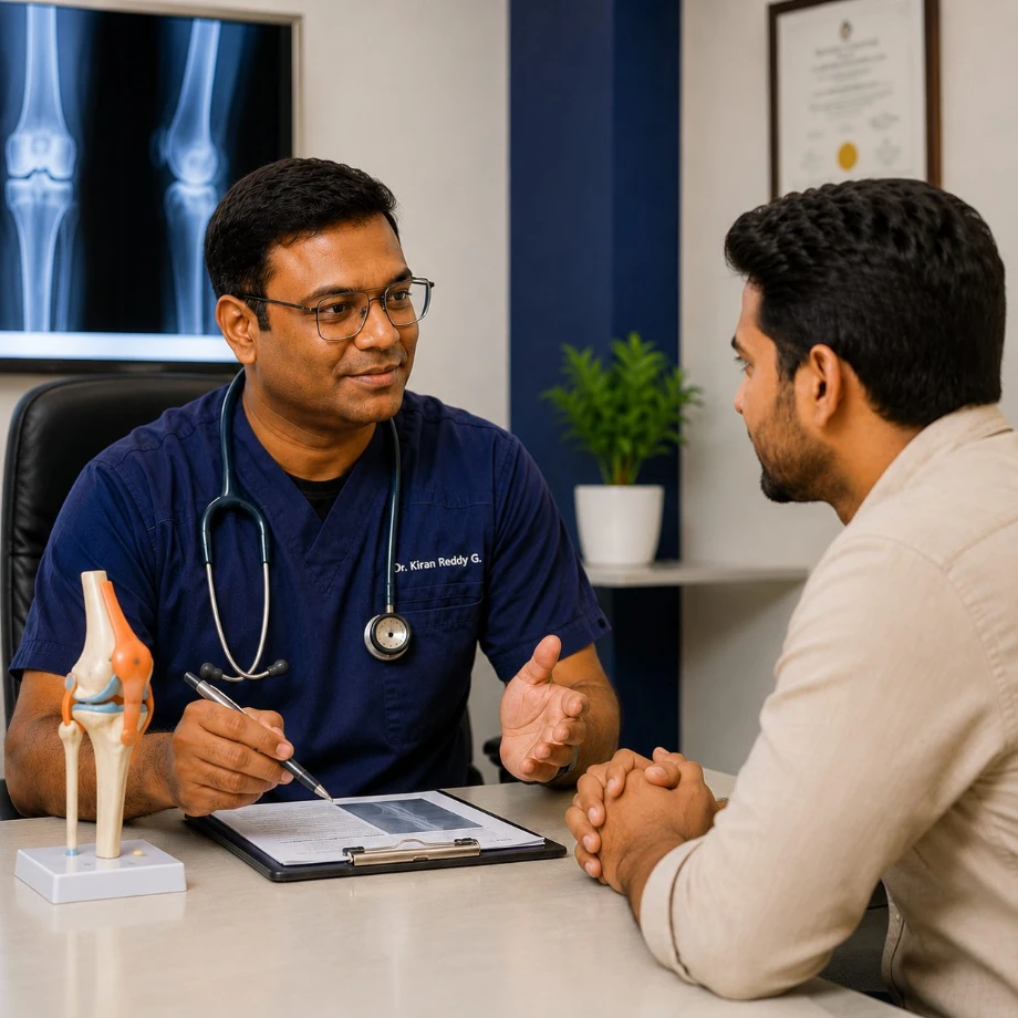 Dr. Kiran Reddy Chennuri talking with a patient during a consultation at Kindle Clinics