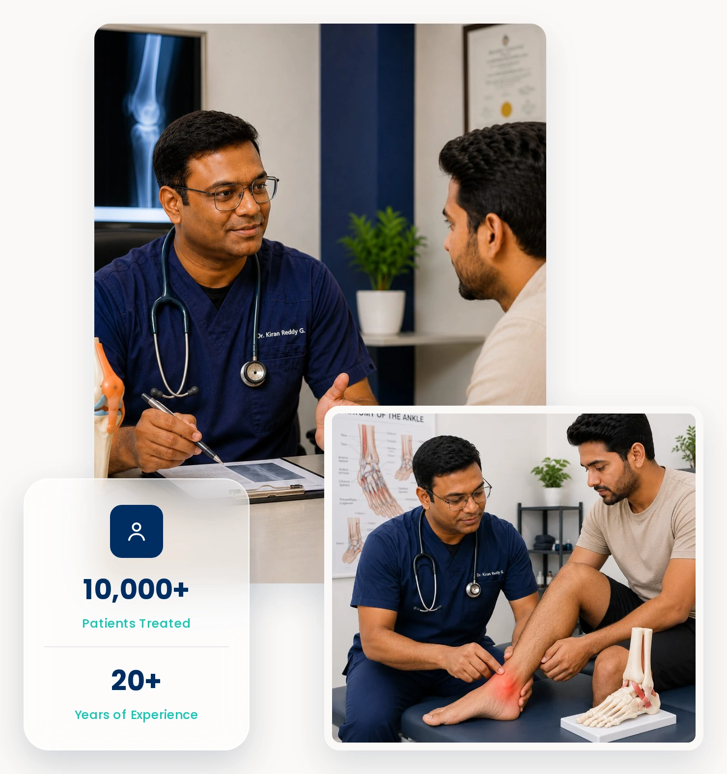Dr. Kiran Reddy Chennuri talking with a patient, and examining a patient's ankle beside a foot model; 10,000+ patients treated, 20+ years of experience