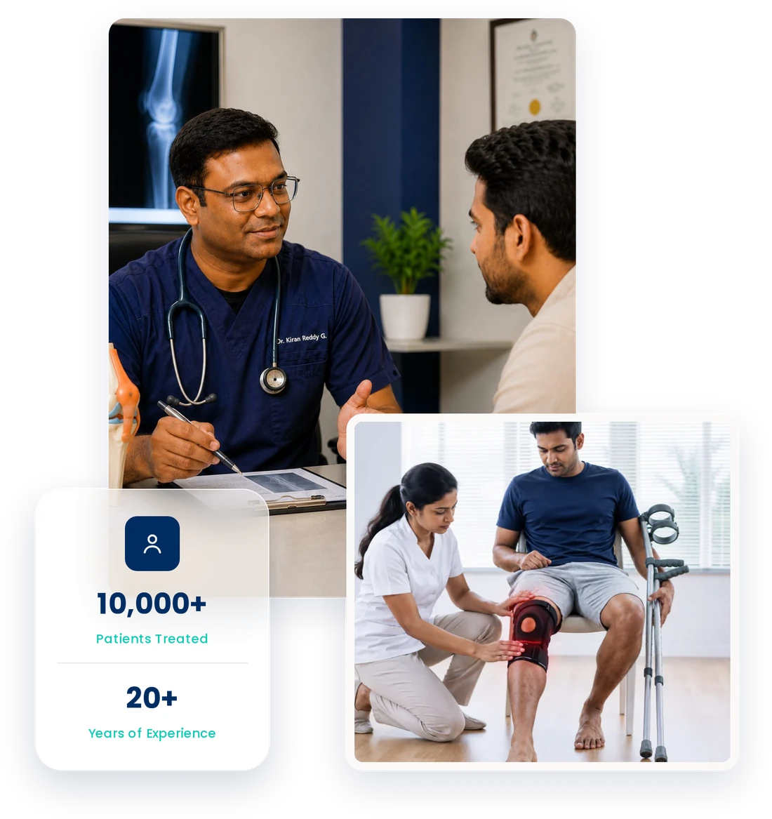 Dr. Kiran Reddy Chennuri talking with a patient at Kindle Clinics, and a physiotherapist examining a patient's knee; 10,000+ patients treated, 20+ years of experience