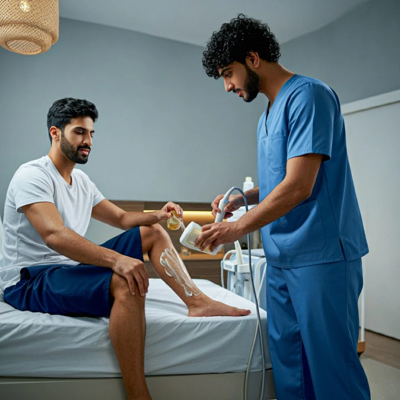 Physiotherapist treating a patient's knee with a therapy device during rehabilitation after knee arthroscopy