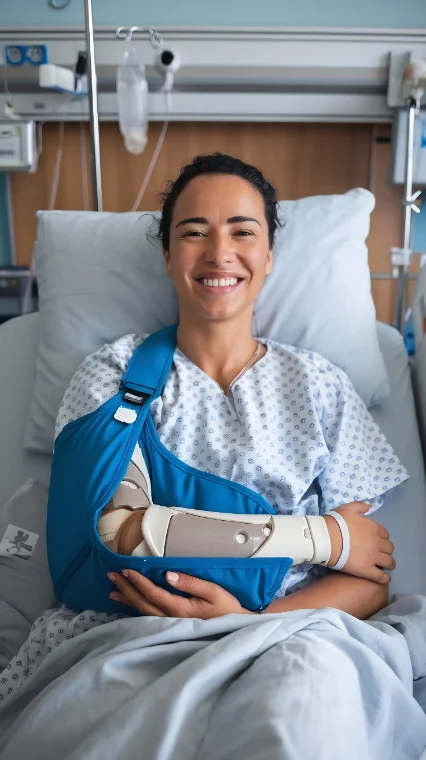 Smiling patient in a hospital bed wearing a shoulder sling after surgery