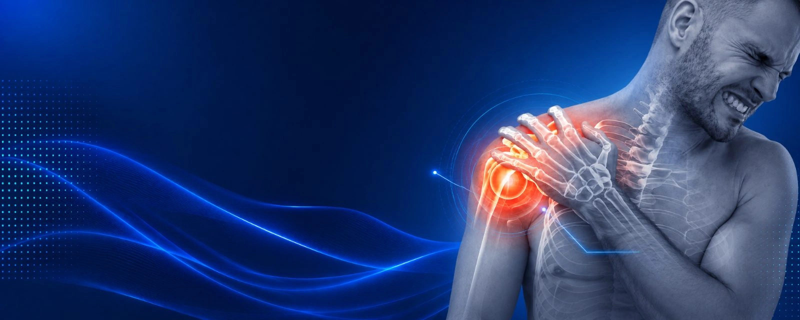 Man holding his painful shoulder, with the shoulder joint highlighted in red on a blue background