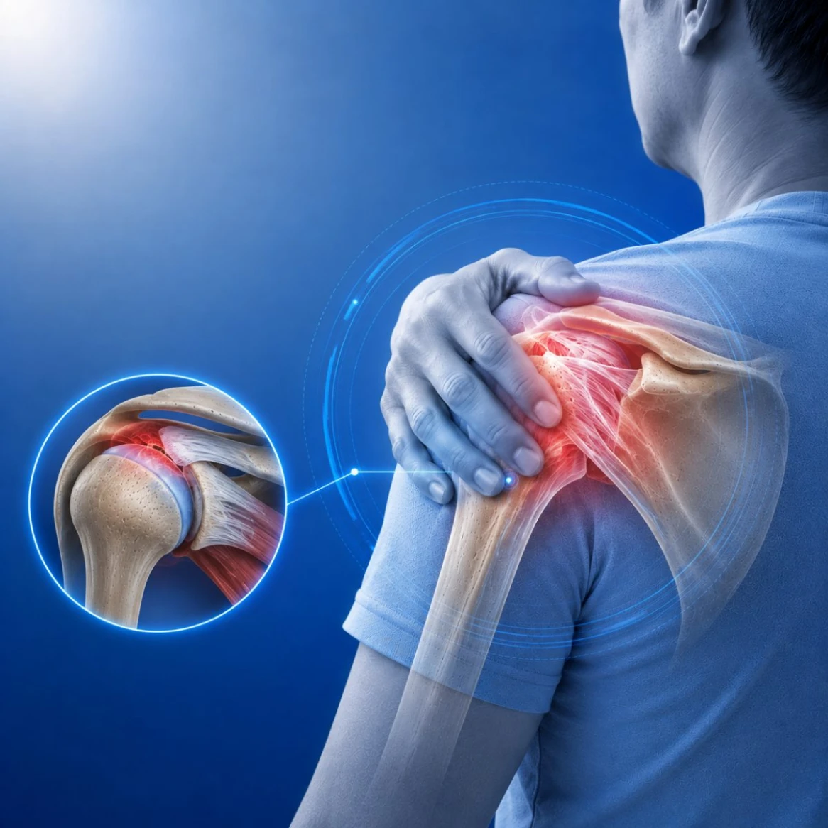 Illustration of a man holding an inflamed shoulder, with an inset of the tight shoulder joint capsule