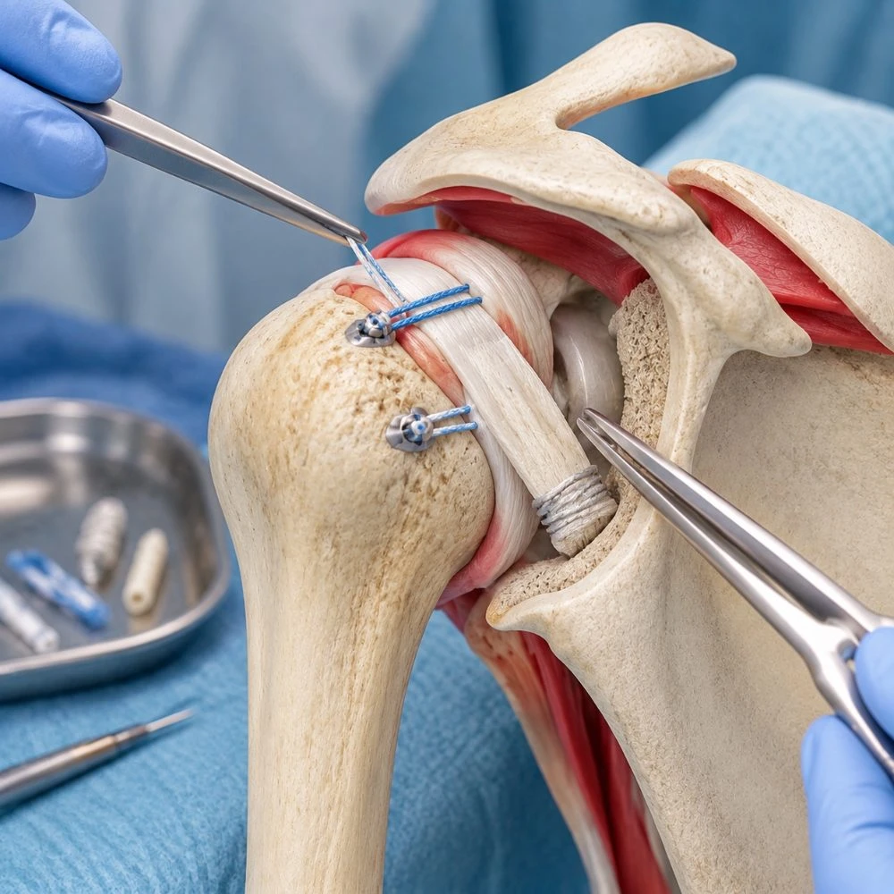 Anatomical shoulder model with suture anchors being placed into the bone with surgical instruments