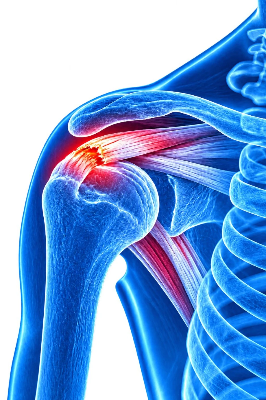 3D illustration of the shoulder joint showing the rotator cuff tendons, with the injured area highlighted in red