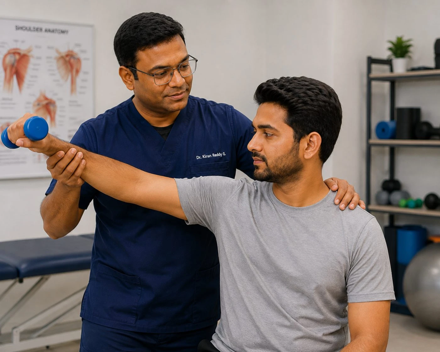 Dr. Kiran Reddy Chennuri assessing how far a patient can raise his arm