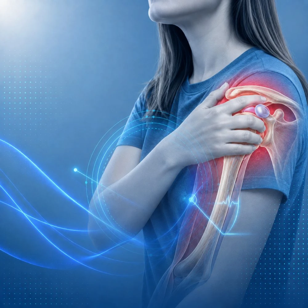 Woman holding her painful shoulder, with the shoulder joint highlighted