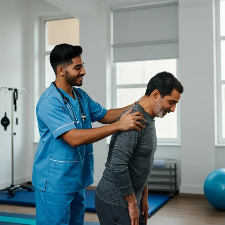 A physiotherapist guiding a patient through a shoulder mobility exercise