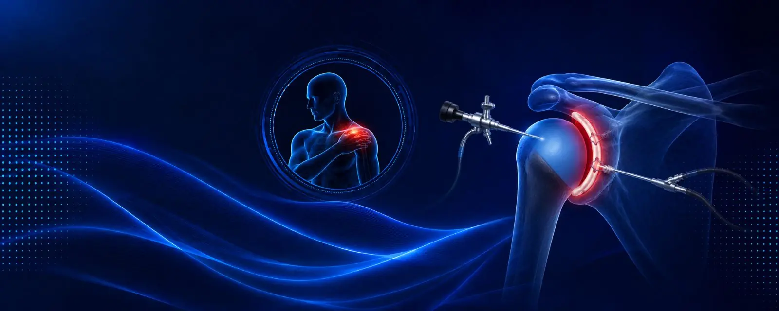 Illustration of a shoulder joint with an arthroscope, the torn labrum highlighted in red