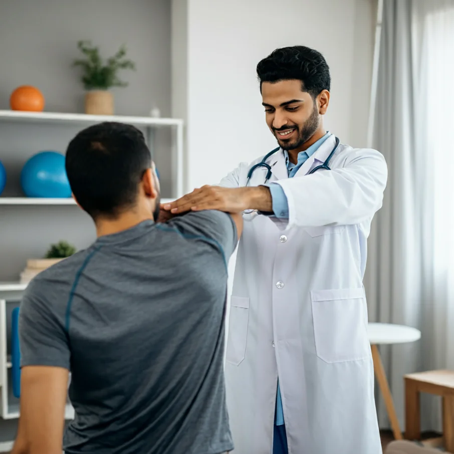 Doctor checking a patient's shoulder stability during a physical examination