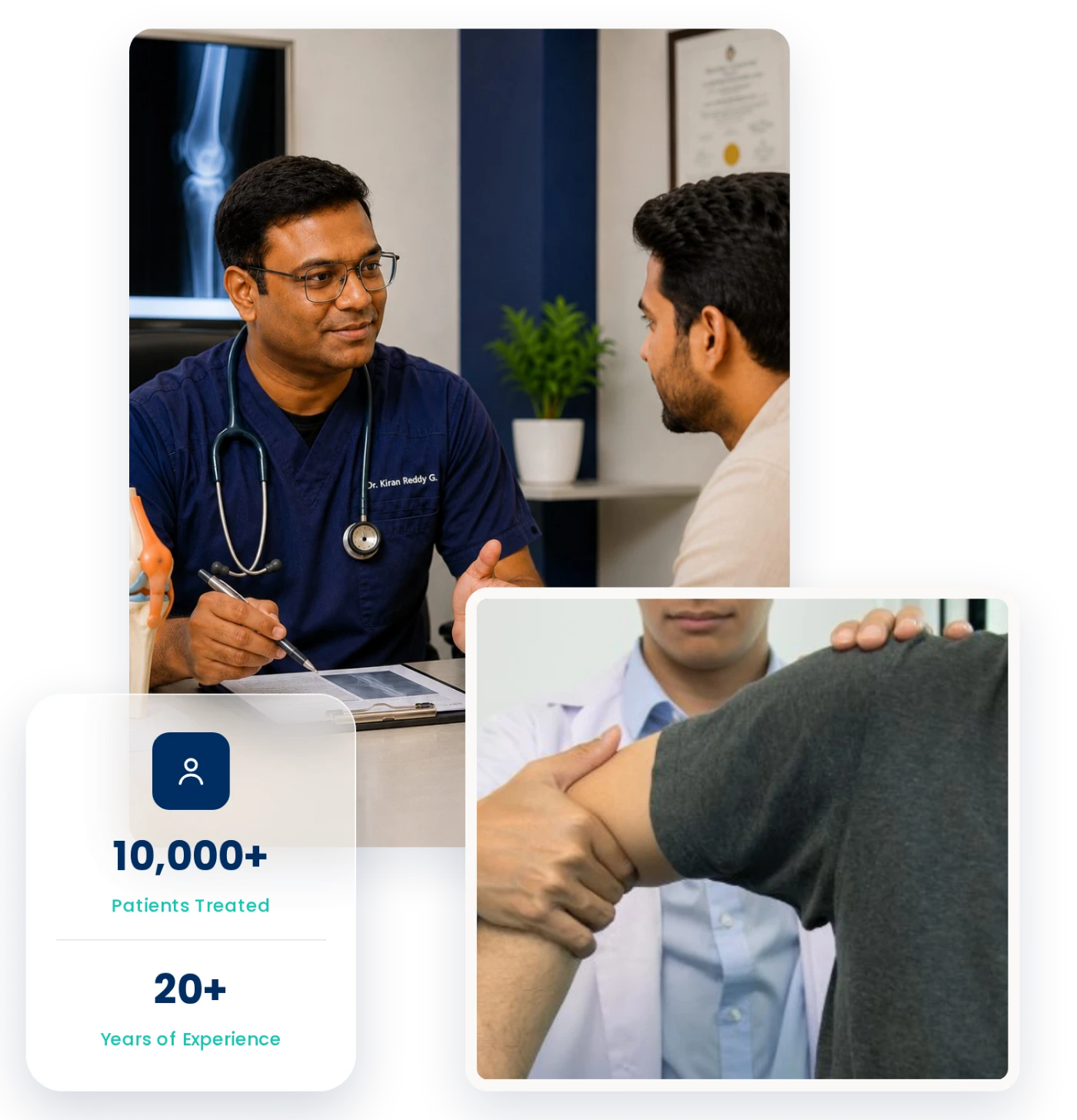 Dr. Kiran Reddy Chennuri talking with a patient at Kindle Clinics, and a doctor examining a patient's shoulder; 10,000+ patients treated, 20+ years of experience