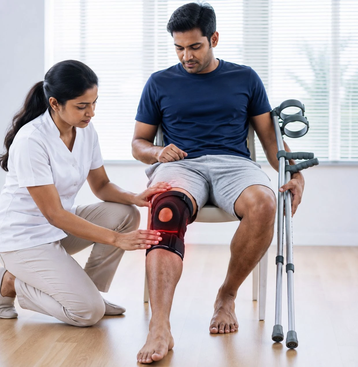 Clinician checking the knee brace of a seated patient, with crutches beside him