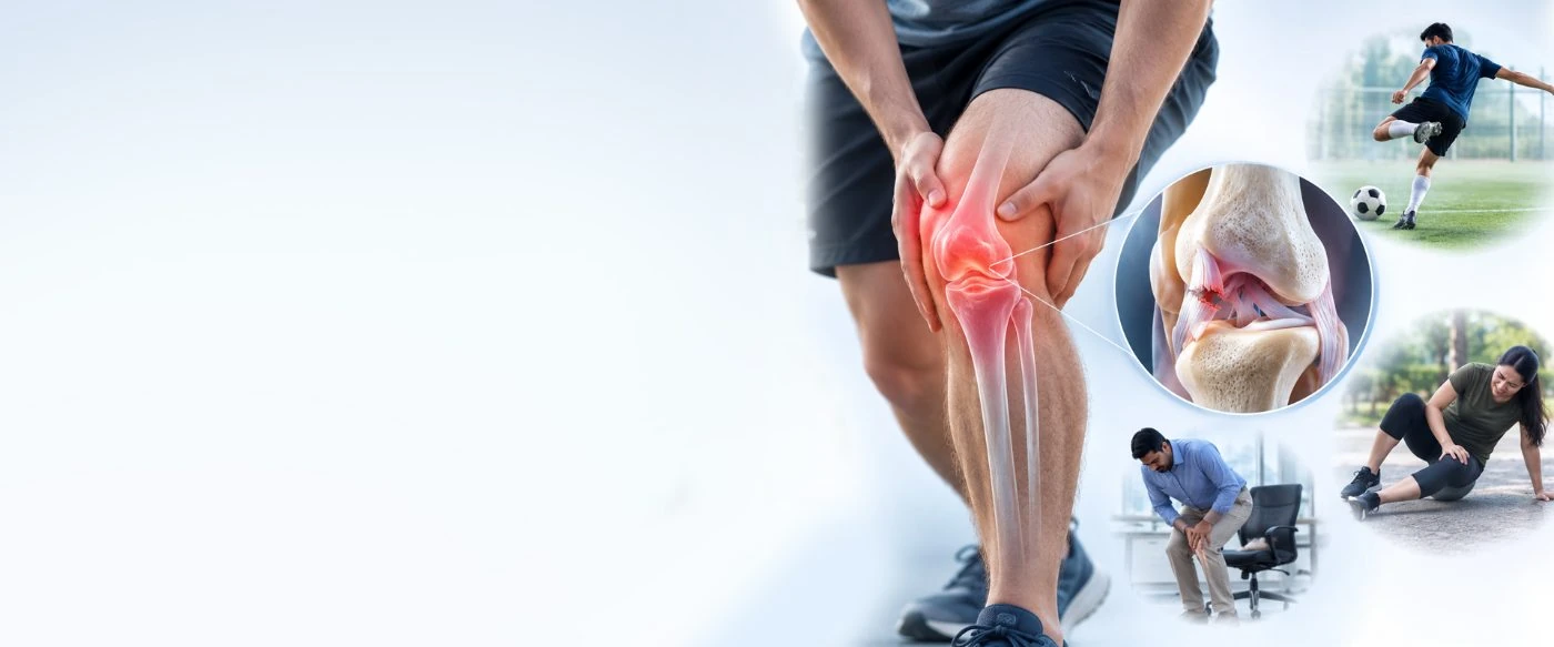 Man holding his painful knee with the knee bones highlighted, beside a close-up of the knee joint
