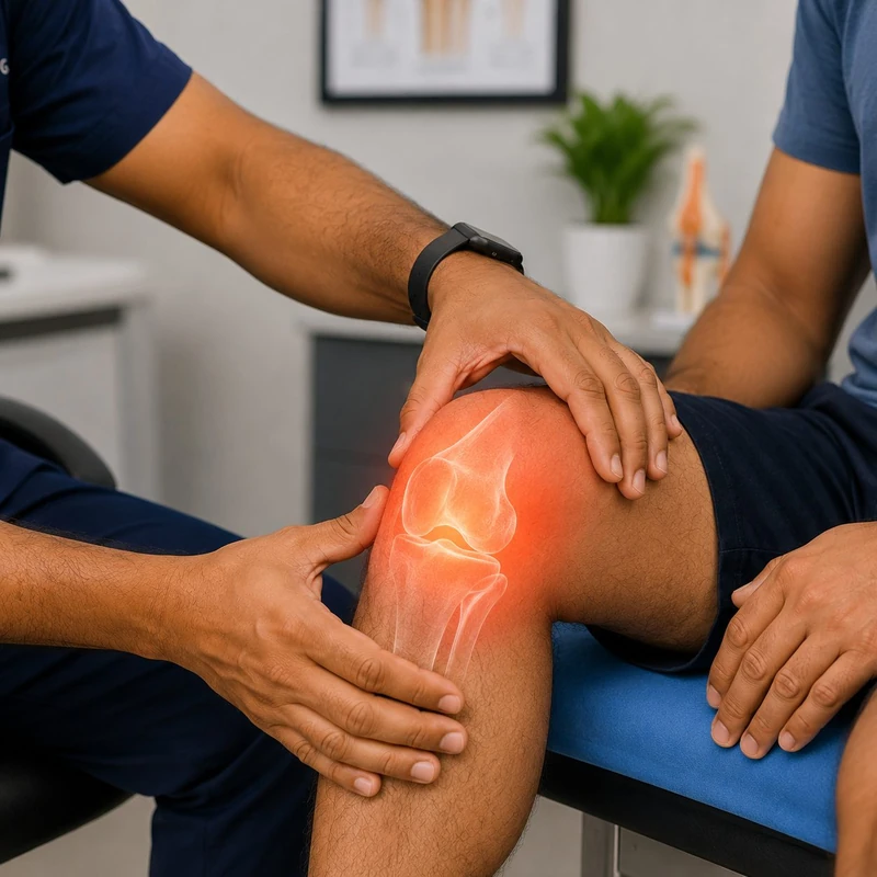 Doctor examining a patient's knee, with the painful area of the knee joint highlighted
