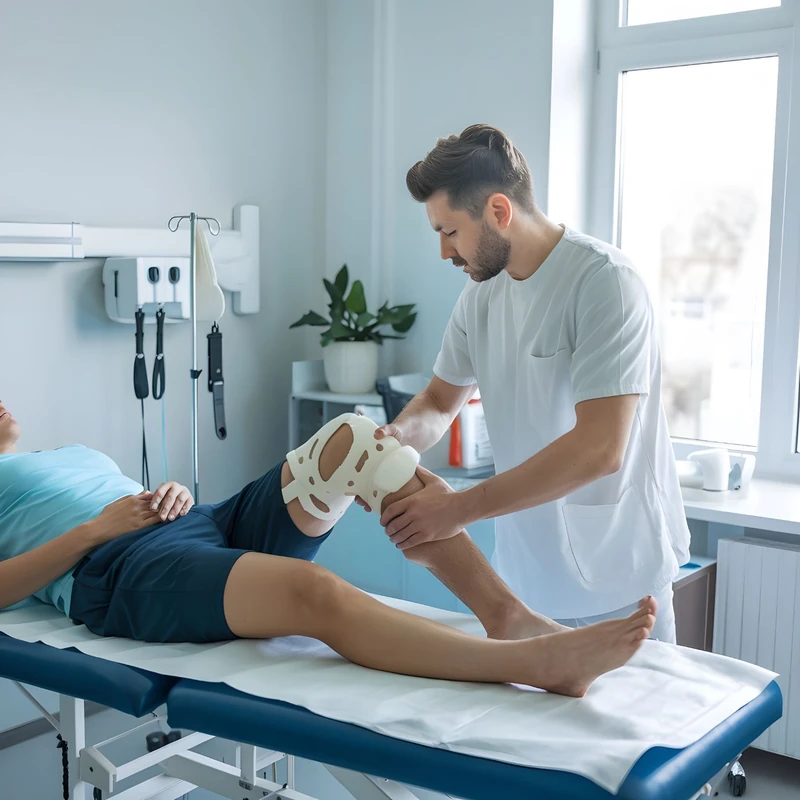 Physiotherapist guiding a patient through knee exercises on a treatment table during rehabilitation