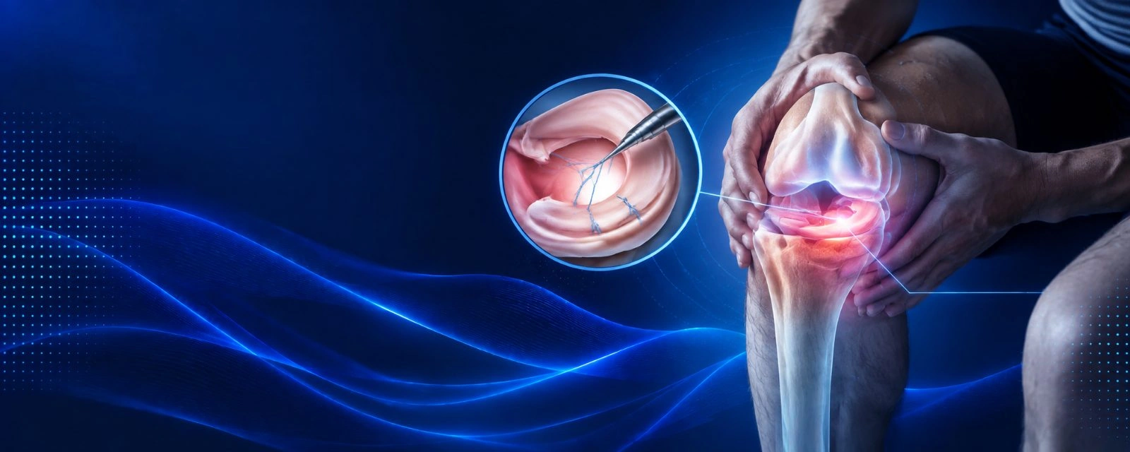 Illustration of a knee joint, with a close-up of a torn meniscus being stitched by an arthroscopic instrument