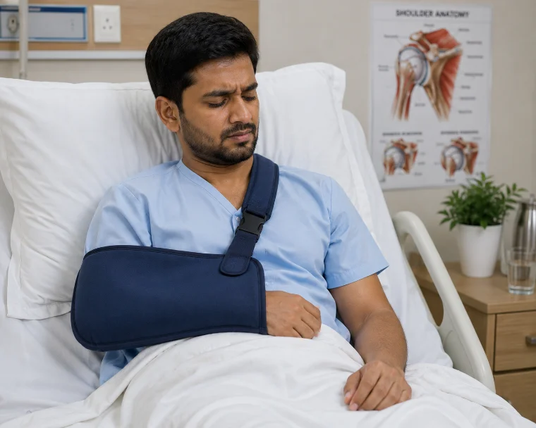 Patient resting in a hospital bed with his arm in a shoulder sling after surgery