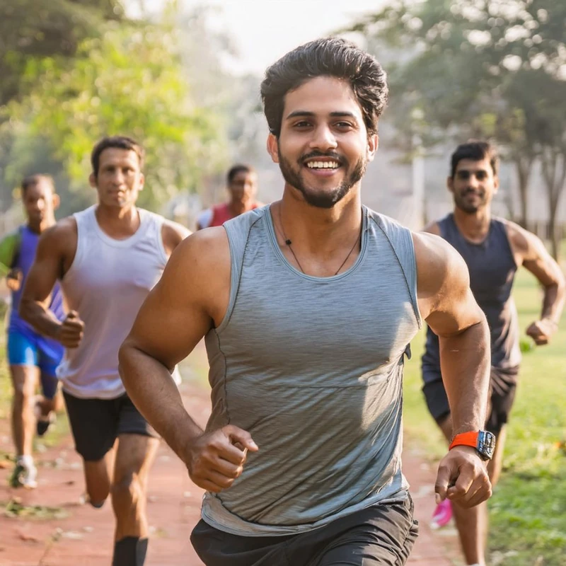 Smiling man jogging outdoors with a group of runners
