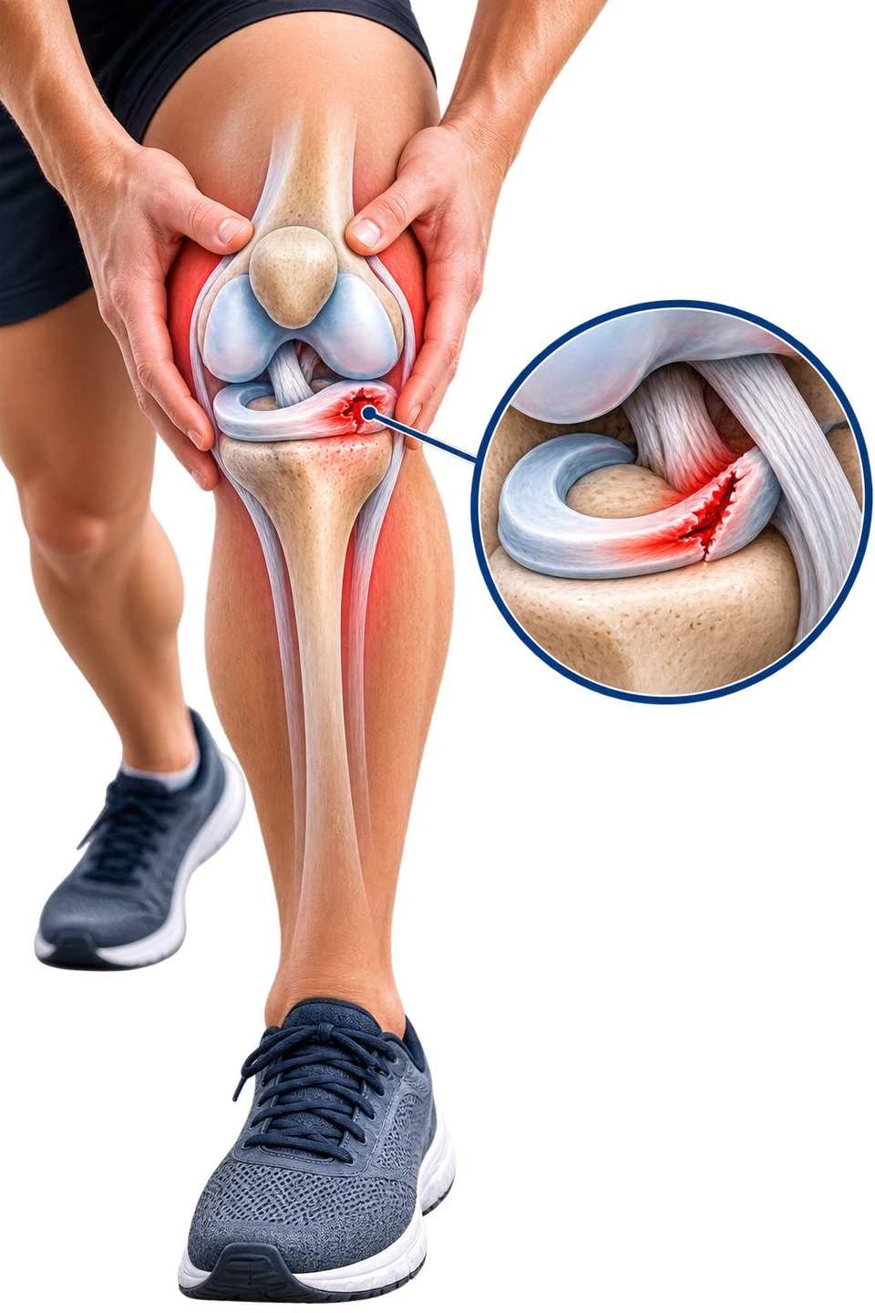 Illustration of a knee held in both hands, with a close-up showing a tear in the meniscus