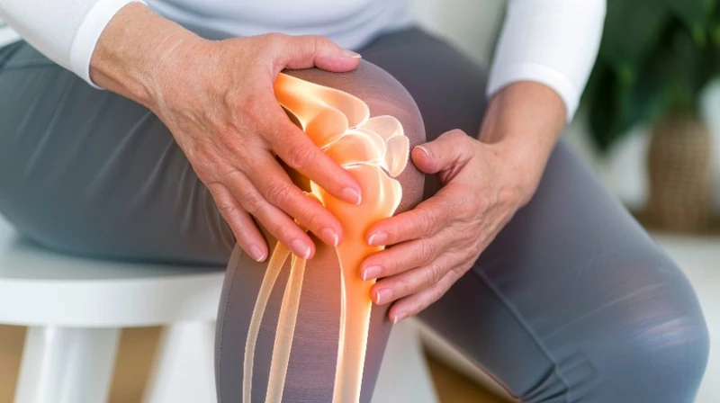 Woman holding her knee with the knee joint highlighted
